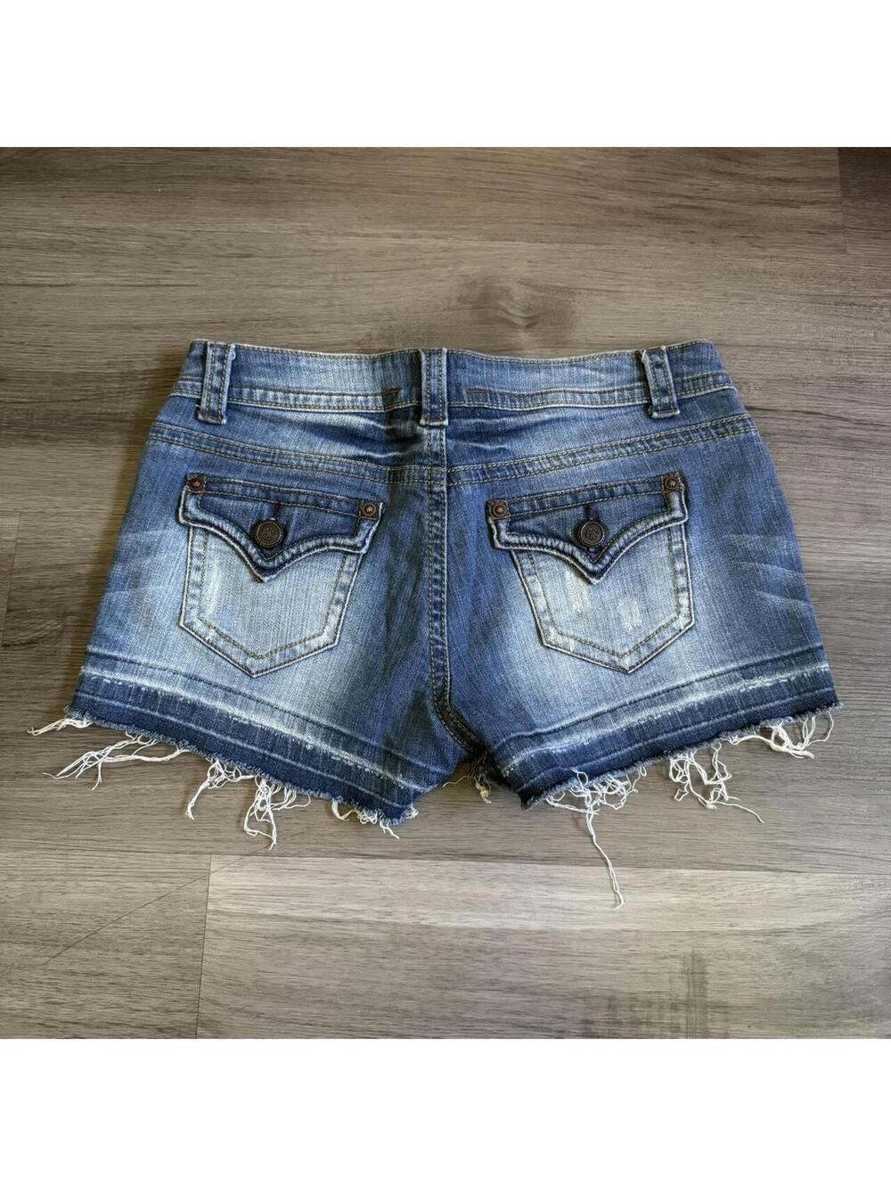 à©â©â§âËy2k bebe lowrise embroidered blue denim distressed mini shorts